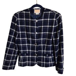 Pendleton Vintage Blue Silver Plaid Pure Virgin Wool Lady Jacket Size 6
